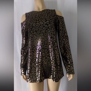 MICHAEl Michael Kors Gold Shoulder Glitz Top-Black & Gold Leopard Print